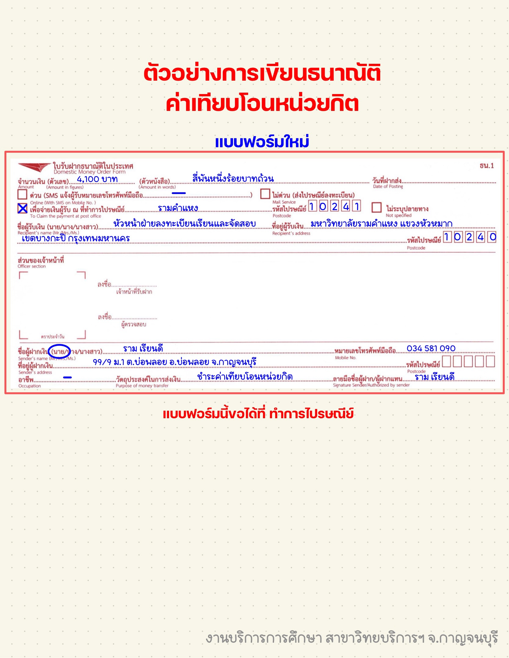 ตัวอย่างการเขียนธนาณัติ